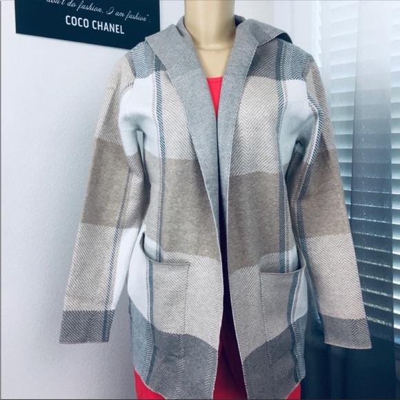 Joseph A Neutral Plaid Hoodie Long Sleeves Open Front Cardigan Size Small - Picture 2 of 10